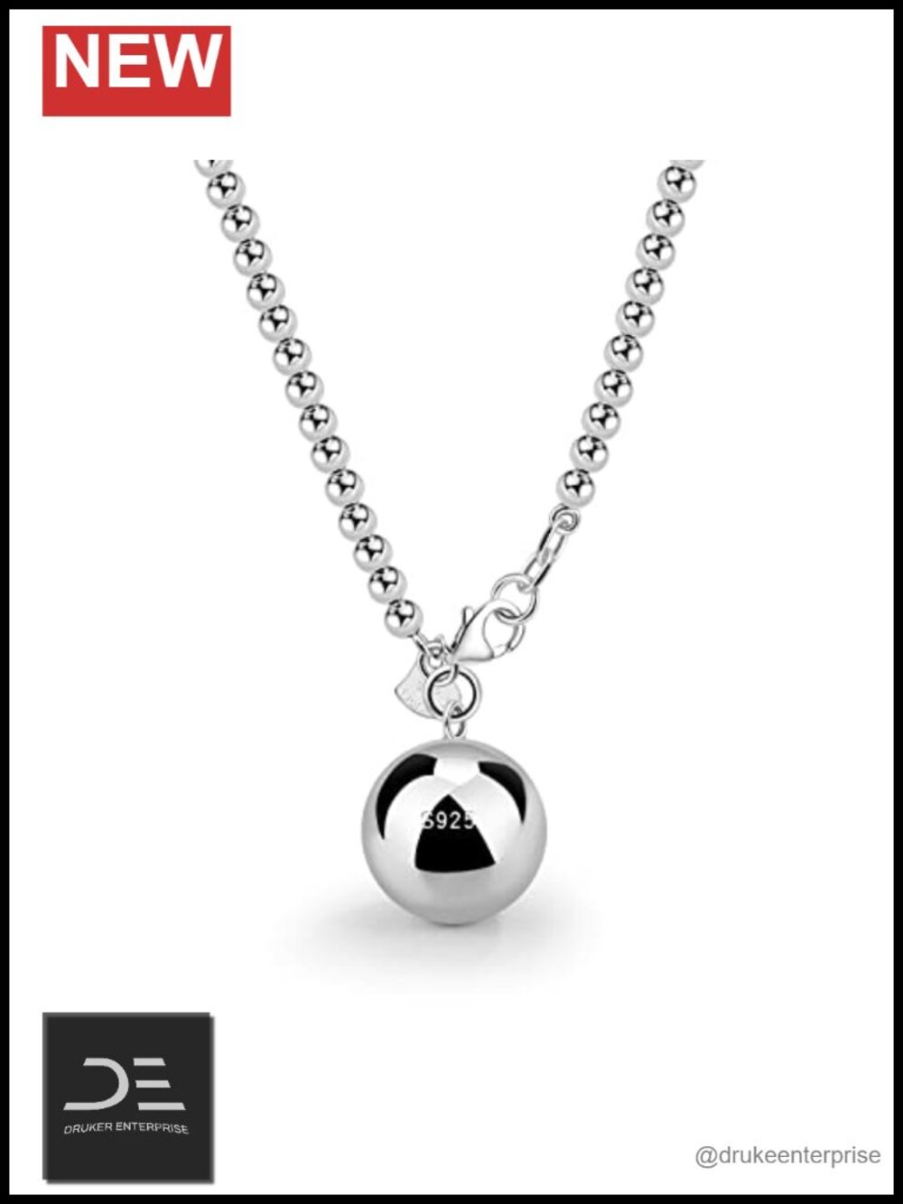 925 Sterling Silver Bead Chain Necklace Bell Pendant 18-34" Lobster Clasp Women